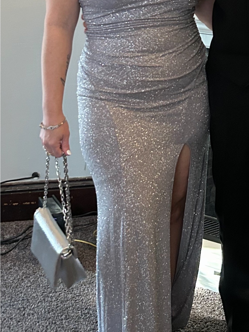 Silver Glitter Ruched Evening Gown with Side Slit
